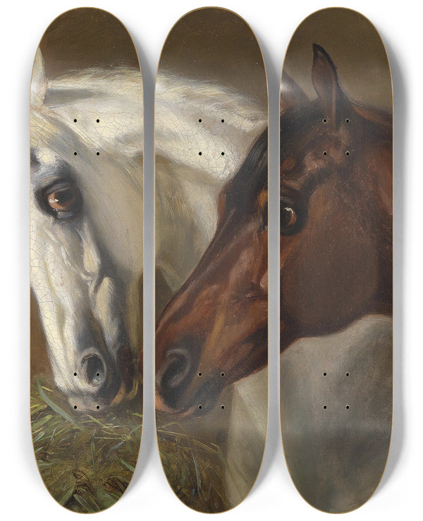 Triptych art skateboard deck of Emil Volkers Zwei Pferdekpfe by Emil Volkers (1831-1905)
