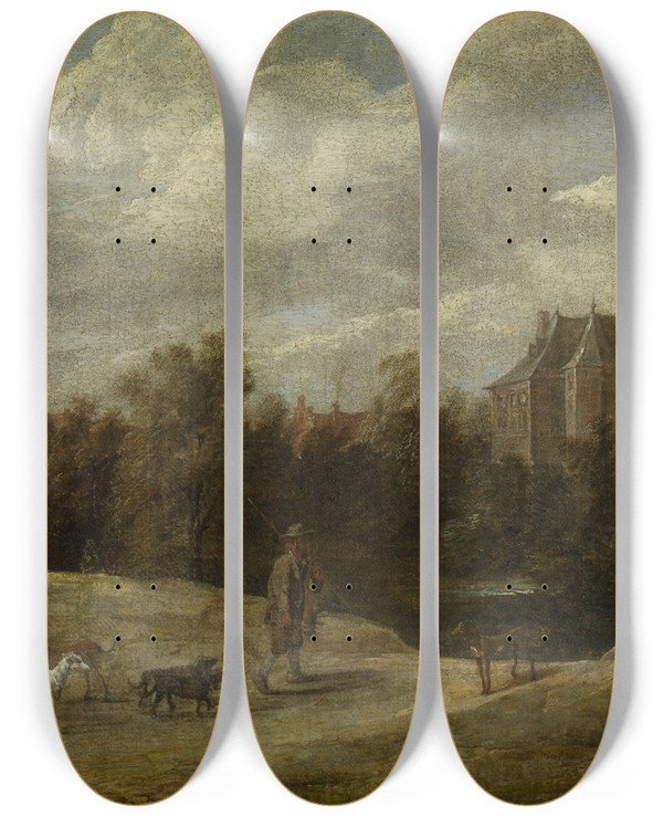 Triptych art skateboard deck of David Teniers The Younger Returning From The Hunt by David Teniers The Younger (1610-1690)