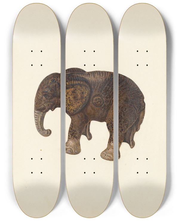 Triptych art skateboard deck of Ben Lassen Penny Bank Elephant by Ben Lassen