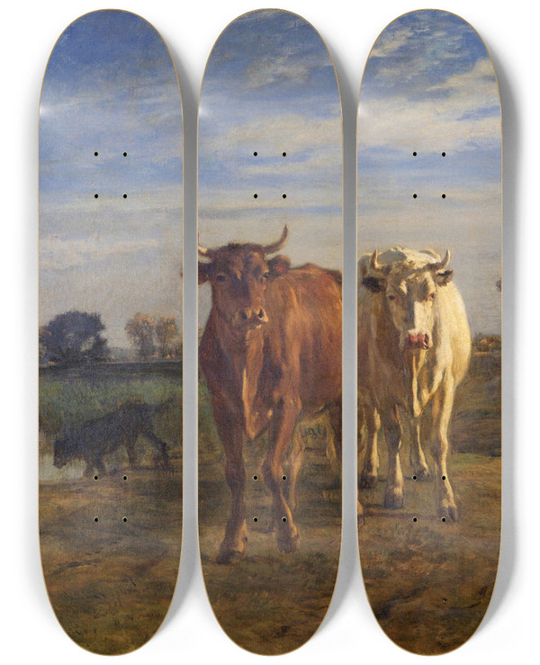 Triptych art skateboard deck of Constant Troyon Two Cows In A Landscape by Constant Troyon (1810-1865)