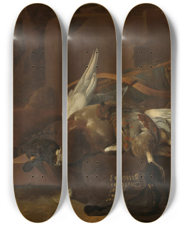 Triptych art skateboard deck of Melchior Dhondecoeter A Hunters Bag by Melchior d'Hondecoeter (1636-1695)