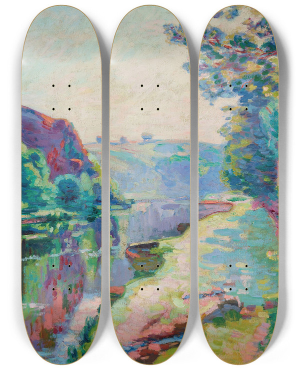 Triptych art skateboard deck of Armand Guillaumin La Roche De Lecho Crozant_3 by Armand Guillaumin (1841-1927)
