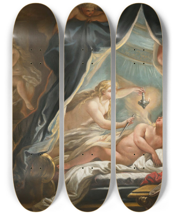 Triptych art skateboard deck of Joseph Goupy Psyche Discovering The Sleeping Cupid by Joseph Goupy (1686-1770)