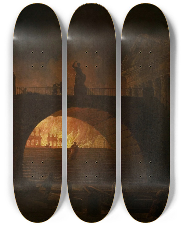 Triptych art skateboard deck of Hubert Robert The Fire Of Rome by Hubert Robert (1733-1808)