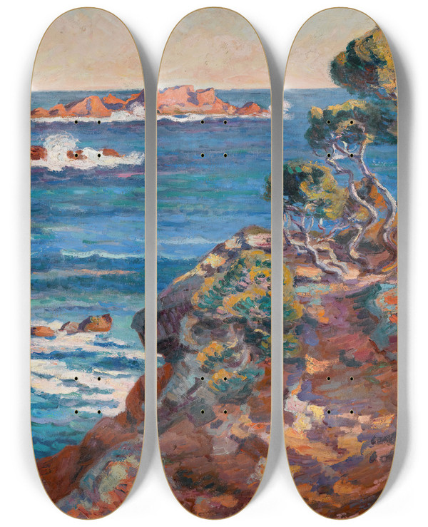 Triptych art skateboard deck of Armand Guillaumin Bord De Mer Agay by Armand Guillaumin (1841-1927)