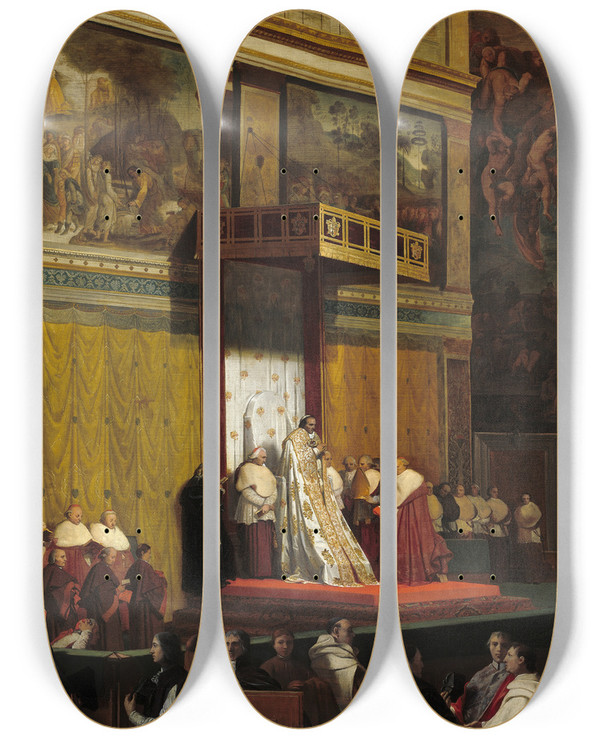 Triptych art skateboard deck of Jean Auguste Dominique Ingres Pope Pius Vii In The Sistine Chapel by Jean Auguste Dominique Ingres (1780-1867)