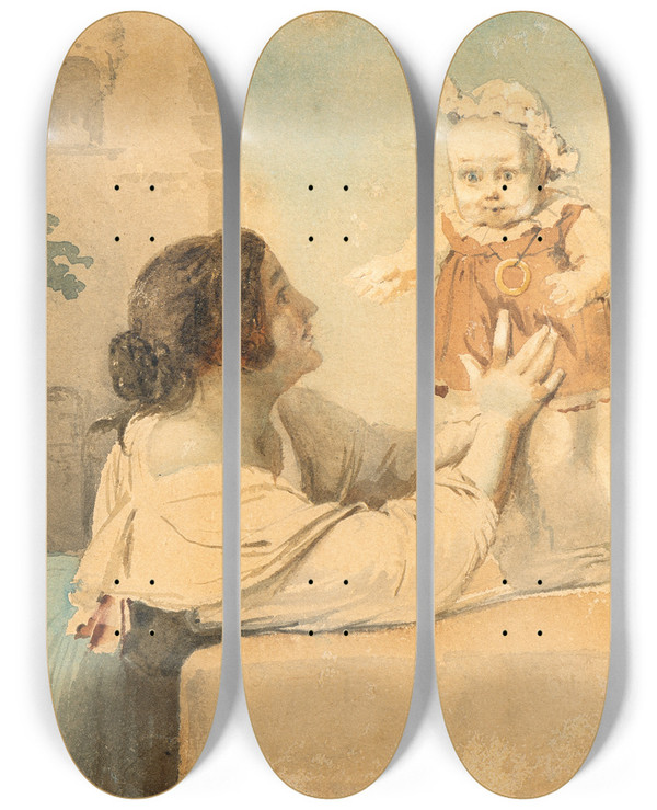 Triptych art skateboard deck of Ernst Meyer The First Steps by Ernst Meyer (1797-1861)