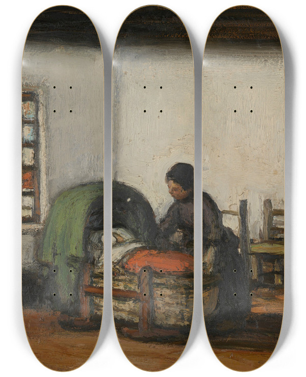 Triptych art skateboard deck of Jakob Smits Interior With Cradle by Jakob Smits (1855-1928)