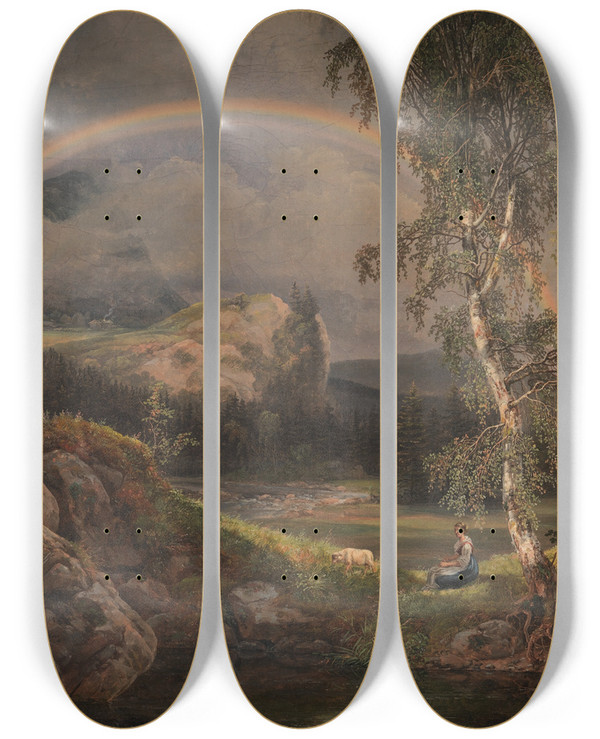 Triptych art skateboard deck of Johan Christian Dahl Norwegian Landscape With A Rainbow by Johan Christian Dahl (1788-1857)