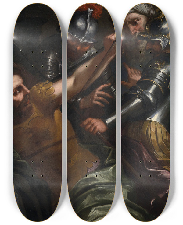 Triptych art skateboard deck of Bartolomeo Biscaino Samson And Delilah by Bartolomeo Biscaino (1632-1657)