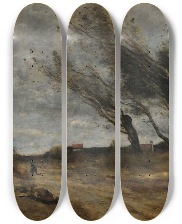 Triptych art skateboard deck of Jeanbaptistecamille Corot Le Coup De Vent by Jean-Baptiste-Camille Corot (1796-1875)