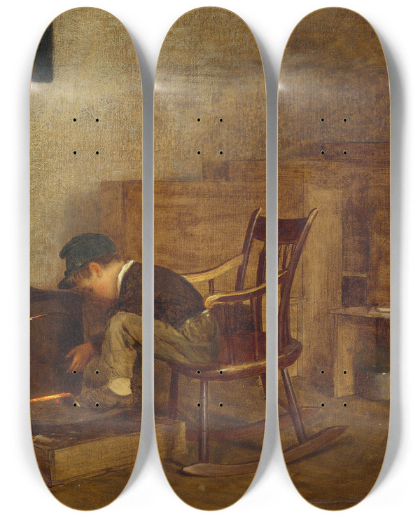 Triptych art skateboard deck of Eastman Johnson The Early Scholar by Eastman Johnson (1824-1906)