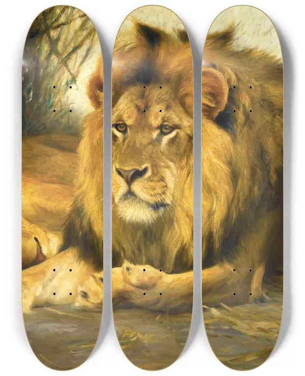 Triptych art skateboard deck of Wilhelm Kuhnert Resting Lions by Wilhelm Kuhnert (1865-1926)