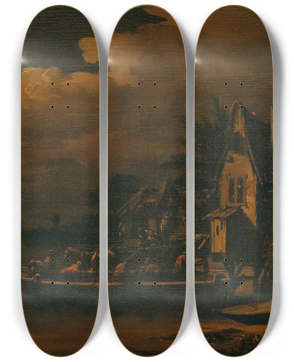 Triptych art skateboard deck of Egbert Van Der Poel A Nocturnal River Landscape With A Ferry Boat by Egbert van der Poel (1621-1664)