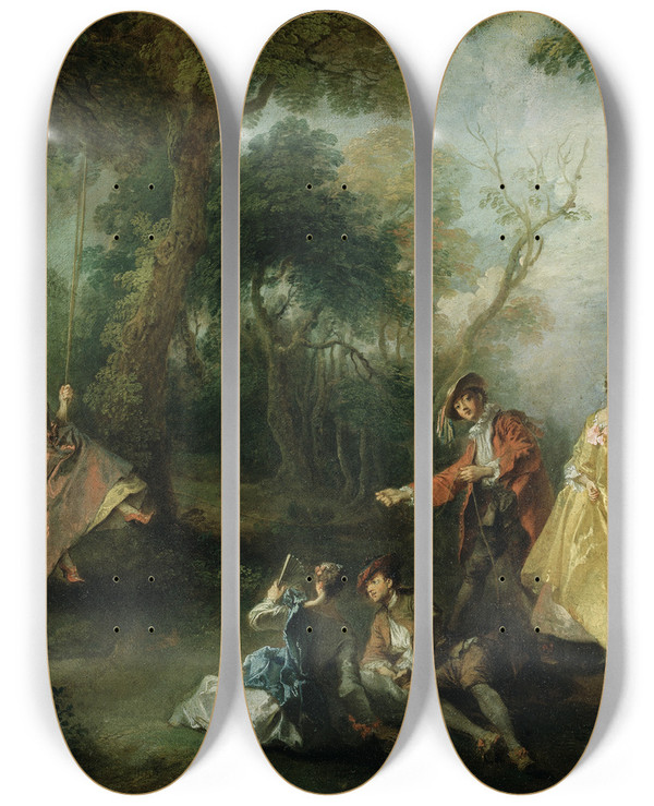 Triptych art skateboard deck of Nicolas Lancret The Swing by Nicolas Lancret (1690-1743)