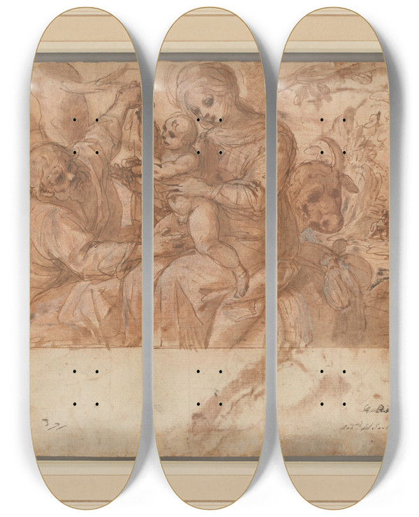 Triptych art skateboard deck of Cesare Rossetti Rest On The Flight Into Egypt by Cesare Rossetti (1565-1623)