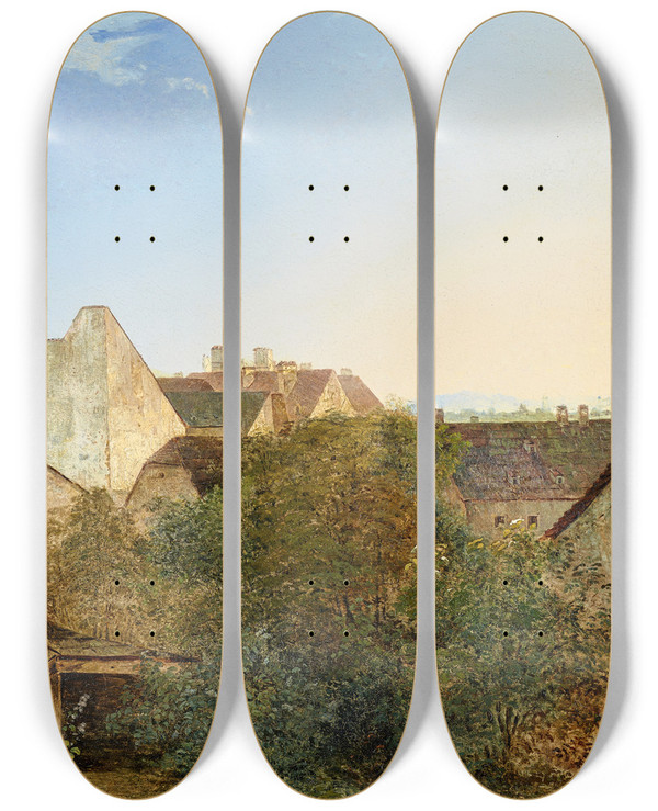 Triptych art skateboard deck of Adalbert Stifter Blick Ber Wiener Vorstadthuser Beatrixgasse by Adalbert Stifter (1805-1868)