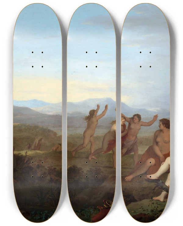 Triptych art skateboard deck of Cornelis Van Poelenburch Satyrs Spying On Nymphs by Cornelis Van Poelenburch (1594-1667)