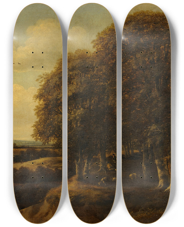 Triptych art skateboard deck of Jan Vermeer Van Haarlem The Elder Landscape With Shepherds by Jan Vermeer van Haarlem the Elder (1628-1691)