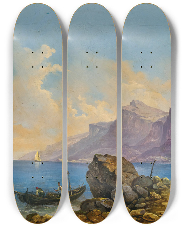 Triptych art skateboard deck of Markus Pernhart A Lake Landscape With A Boat by Markus Pernhart (1824-1871)