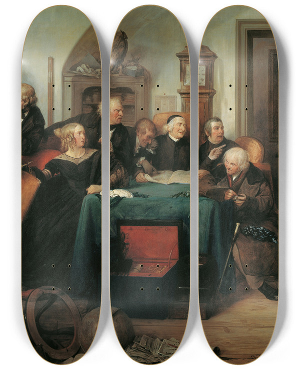 Triptych art skateboard deck of Josef Danhauser Die Testamentserffnung by Josef Danhauser (1805-1845)