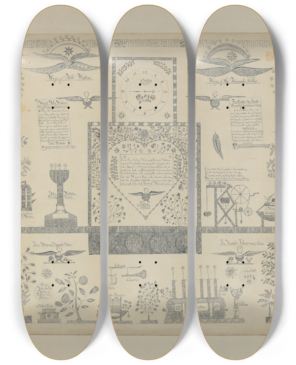 Triptych art skateboard deck of Orville Cline Shaker Visionary Image by Orville Cline