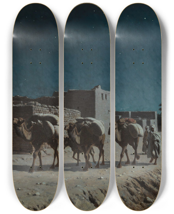 Triptych art skateboard deck of Jean Baptiste Paul Lazerges Camel Train By Moonlight by Jean Baptiste Paul Lazerges (1845-1902)