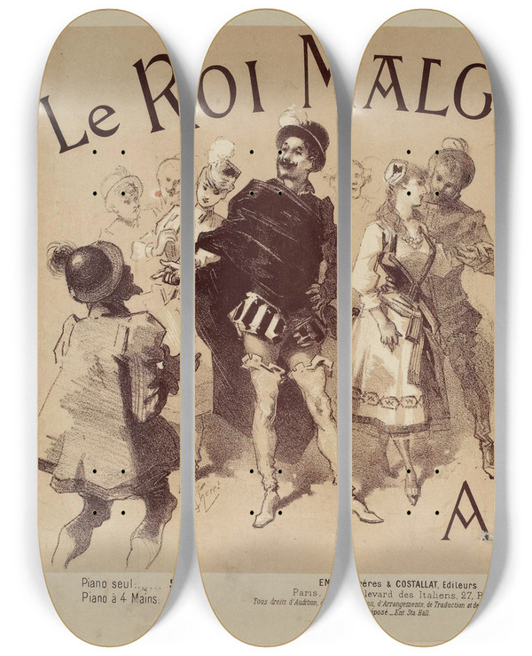 Triptych art skateboard deck of Jules Chret Le Roi Malgr Lui by Jules Cheret (1836-1932)