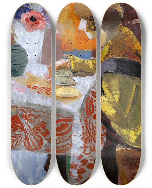 Triptych art skateboard deck of Isaac Grnewald Breakfast by Isaac Grunewald (1889-1946)