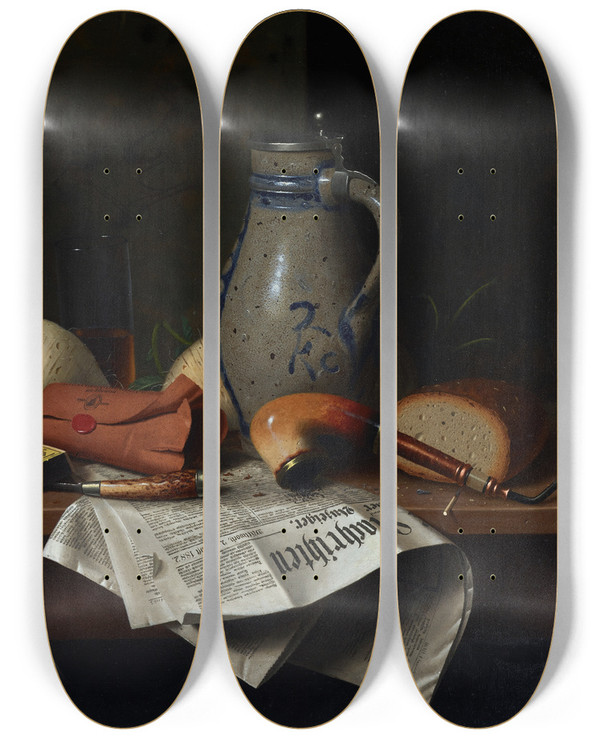 Triptych art skateboard deck of William Michael Harnett Munich Still Life by William Michael Harnett (1848-1892)