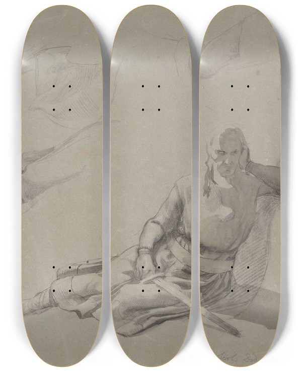 Triptych art skateboard deck of Adolph Tidemand Sittende Mann I Rustning by Adolph Tidemand (1814-1876)