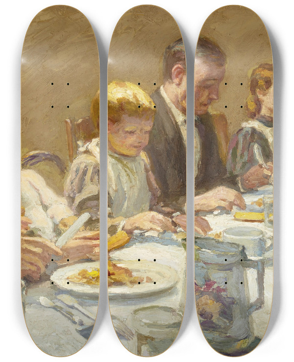 Triptych art skateboard deck of Otto Stark Mealtime by Otto Stark (1859-1926)