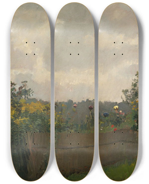 Triptych art skateboard deck of Hermann Groeber Bauerngarten Am Chiemsee by Hermann Groeber