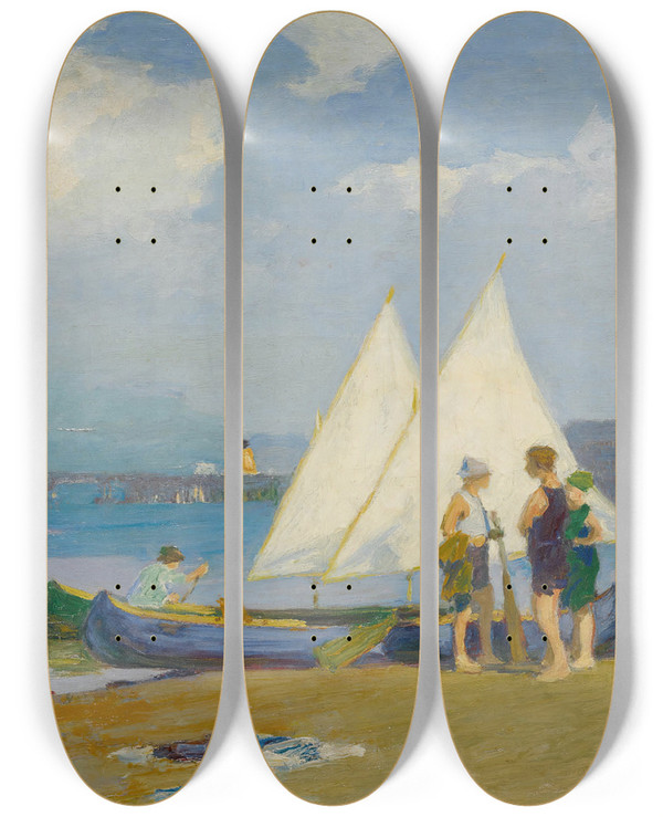 Triptych art skateboard deck of Edward Henry Potthast The Conference by Edward Henry Potthast (1857-1927)