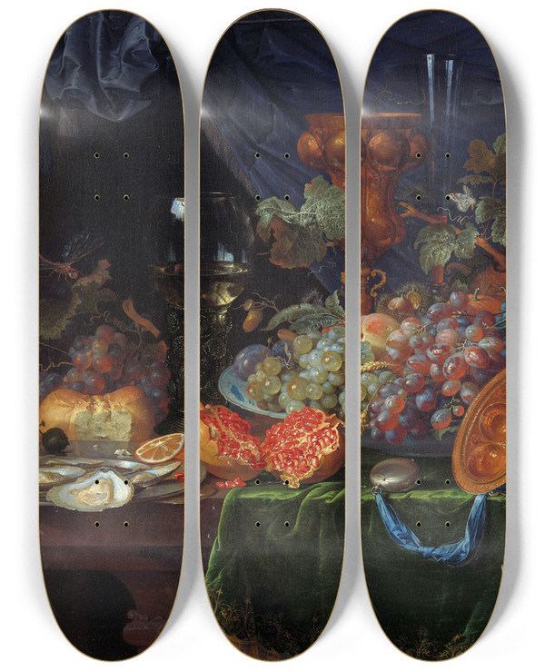 Triptych art skateboard deck of Abraham Mignon Still Life With Fruit And Oysters by Abraham Mignon (1640-1679)