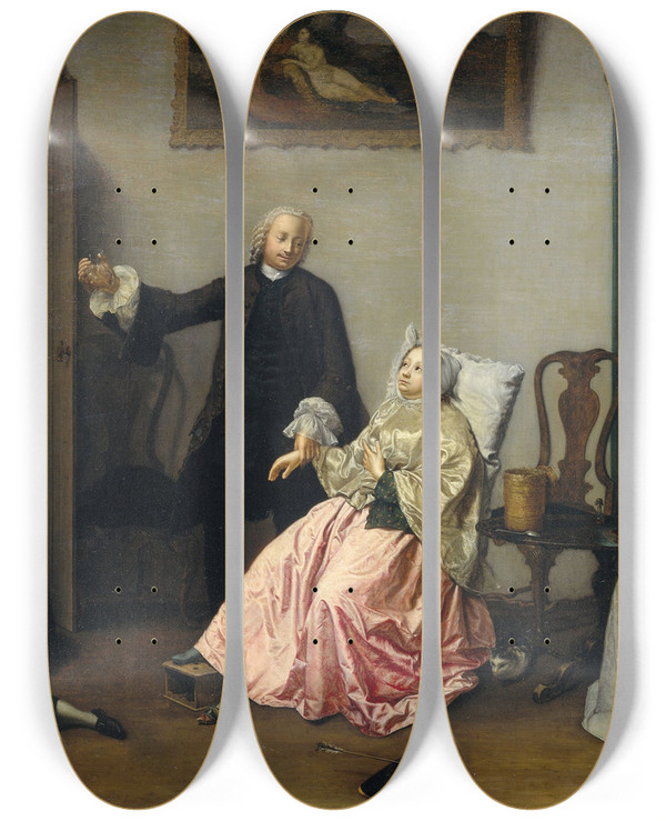 Triptych art skateboard deck of Elisabeth Geertruida Wassenbergh Doctors Visit by Elisabeth Geertruida Wassenbergh (1729-1781)