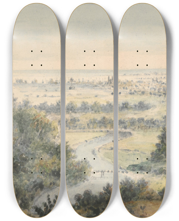 Triptych art skateboard deck of Alexander Jackson Davis New Haven From Eastrock by Alexander Jackson Davis (1803-1892)