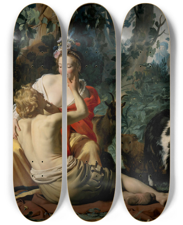 Triptych art skateboard deck of Gerard Van Honthorst Granida And Daifilo by Gerard Van Honthorst (1592-1656)