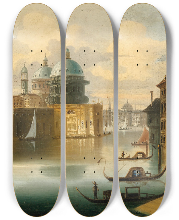Triptych art skateboard deck of Johann Wilhelm Jankowsky Venice Capriccio by Johann Wilhelm Jankowsky (1825-1870)