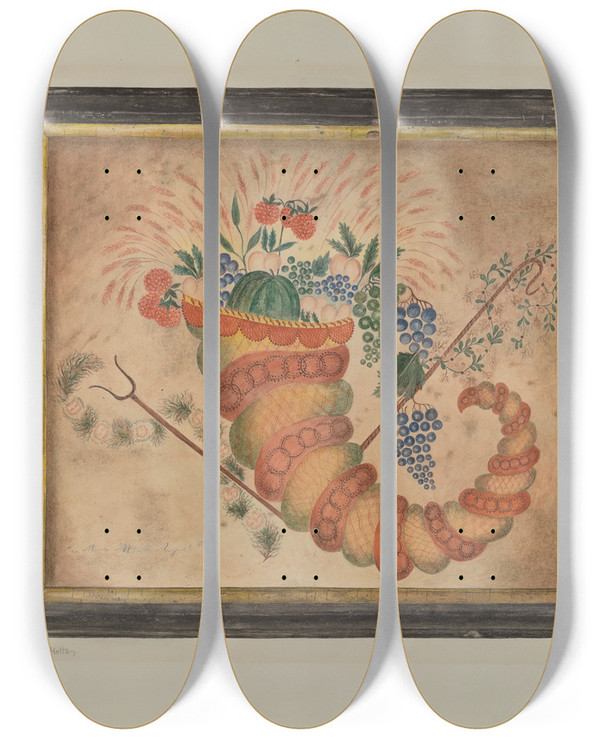Triptych art skateboard deck of Mabel S Kelton Watercolor Cornucopia Of Fruit by Mabel S Kelton