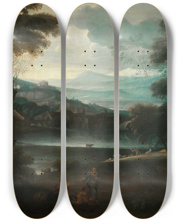 Triptych art skateboard deck of Giovanni Francesco Grimaldi Landscape With Resting Shepherds by Giovanni Francesco Grimaldi (1606-1680)