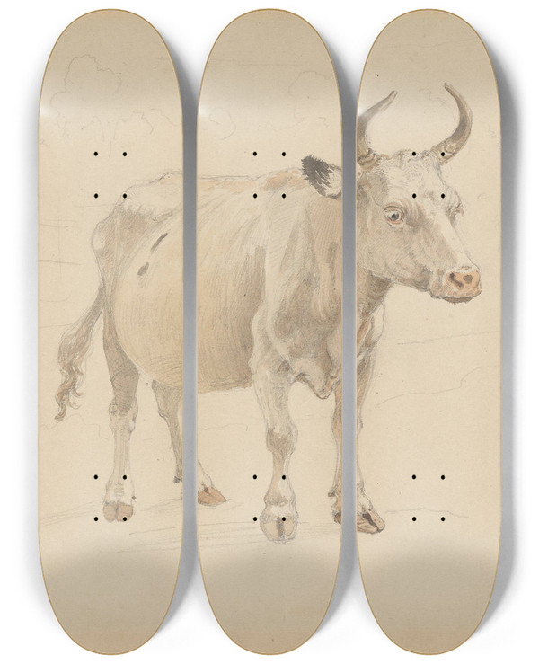 Triptych art skateboard deck of Adolph Tidemand Ku Med Horn by Adolph Tidemand (1814-1876)