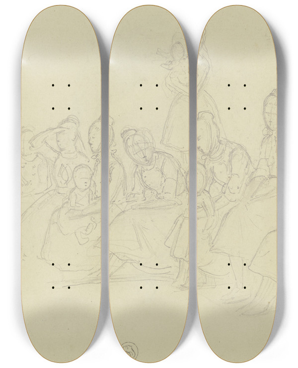 Triptych art skateboard deck of Johann Jakob Hoff Gruppe Von Bauernmdchen by Johann Jakob Hoff (1838-1892)