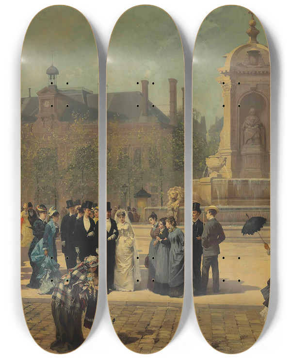 Triptych art skateboard deck of Pierremarie Beyle The Wedding Procession by Pierre-Marie Beyle (1837-1902)