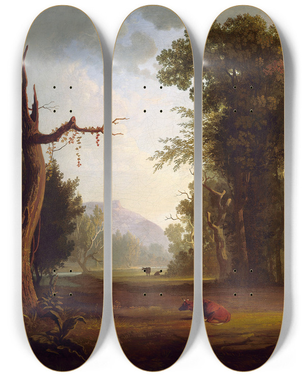 Triptych art skateboard deck of George Caleb Bingham Landscape With Cattle by George Caleb Bingham (1811-1879)