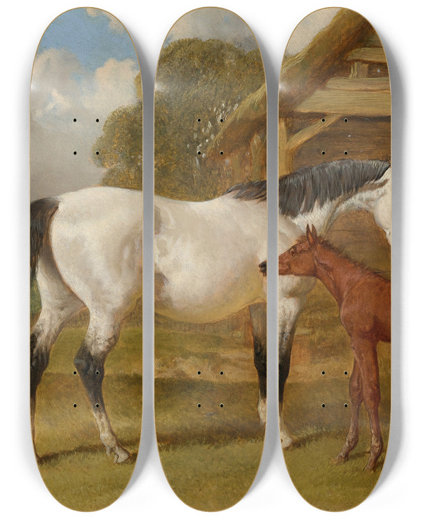 Triptych art skateboard deck of John Frederick Herring Snr A Mare And Foal Beside A Field Shelter by John Frederick Herring Snr (1795-1865)