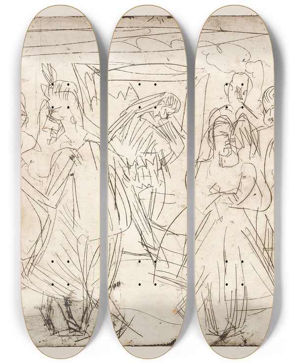 Triptych art skateboard deck of Ernst Ludwig Kirchner Bauerntanz In Der Sennhtte by Ernst Ludwig Kirchner (1880-1938)