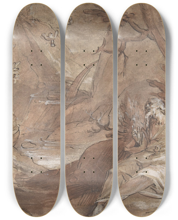 Triptych art skateboard deck of Jan Muller Elijah Fed By Ravens by Jan Muller (1571-1628)