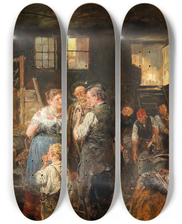 Triptych art skateboard deck of Carl Wilhelm Anton Seiler In The Smithy by Carl Wilhelm Anton Seiler (1846-1921)
