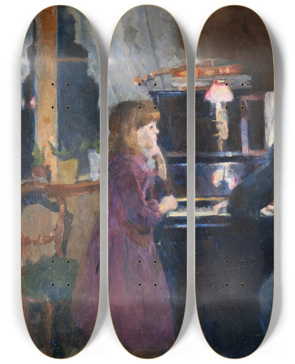 Triptych art skateboard deck of Harriet Backer Big Brother Playing by Harriet Backer (1845-1932)